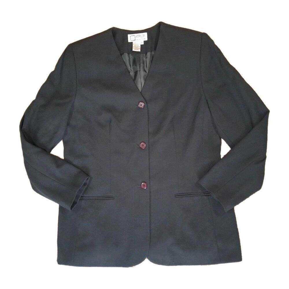 Atrium Collection Womens Black Collarless Blazer Jacket Size 14 Vtg 90s Rayon...